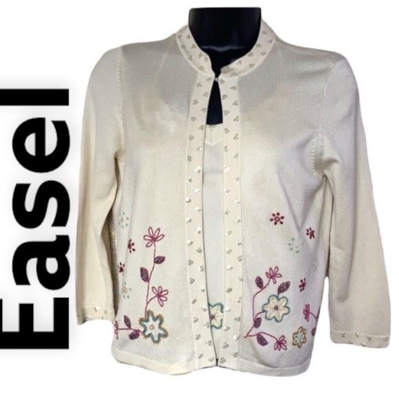 Easel cream floral sequinned cardigan with cream top size S - Picture 1 of 11